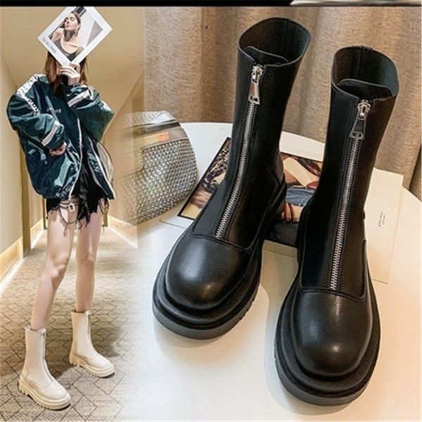 2022 neue Front Zipper Chunky Plattform Frauen Stiefel Solide Schwarz Beige Stiefel Frauen Runde Kappe High Heel Stiefeletten Für frauen