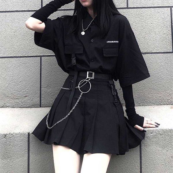Kore Ulzzang Üç Parçalı Set Koyu Mini Kadın Etek Okul Üniformaları A-Line Yüksek Bel Harajuka Gotik Takım Elbise Setleri 210608