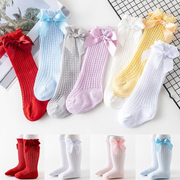 

0-3years baby girls knee high socks bows breathable toddlers baby cotton mesh socks soft infants newborn girls floor, Pink;yellow