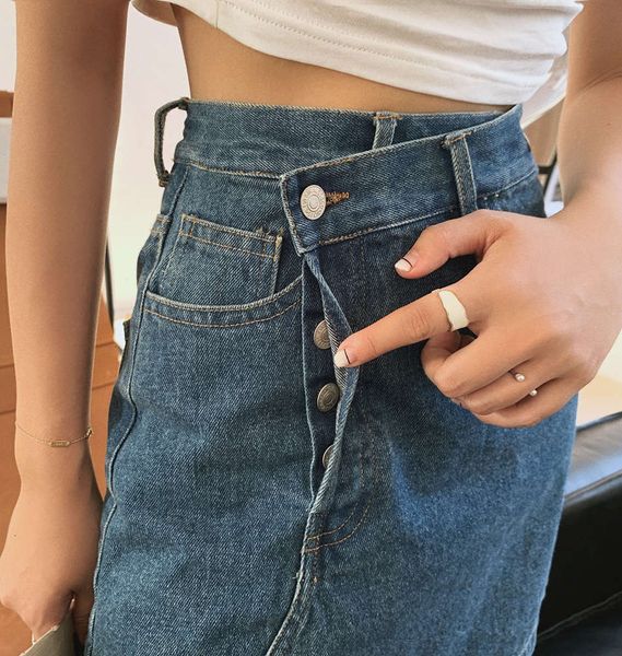 

hip hop denim autumn and summer 2020 new korean high waist women's super fire a-shaped irregular skirt k, Blue
