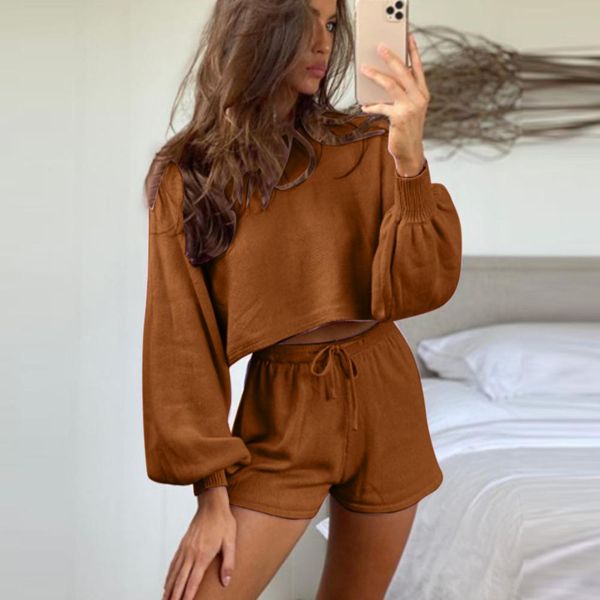 

women's tracksuits two-piece set women o-neck long sleeve crop drawstring shorts two piece suit casual solid clor womens suits tracksu, Gray