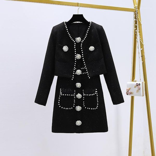 

women's tracksuits winter fashion beading tweed short coat and sleeveless dress women two piece sets ladies party outfits cloth, Gray