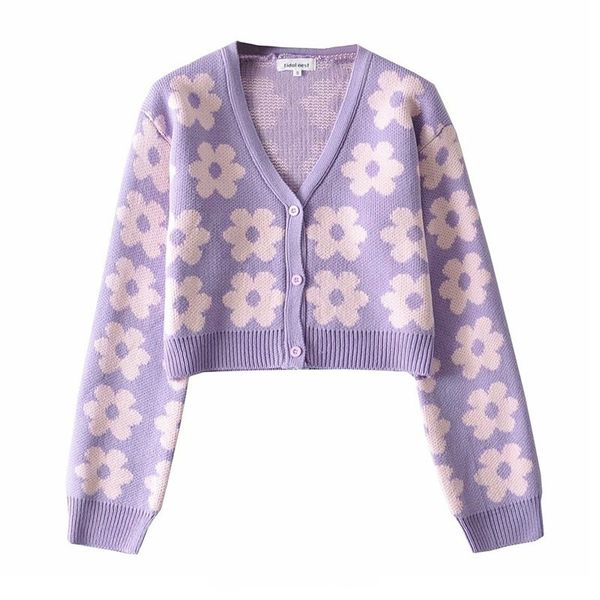 

women casual chic sweater spring autumn single breasted purple cardigan femme ladies floral print v neck crop sweaters knitted 210602, White