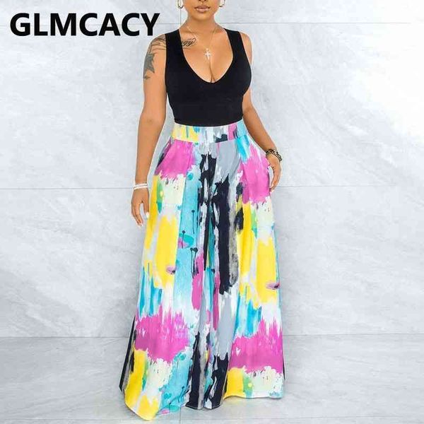 

women printed high waist flare wide leg pants 210702, Black;white