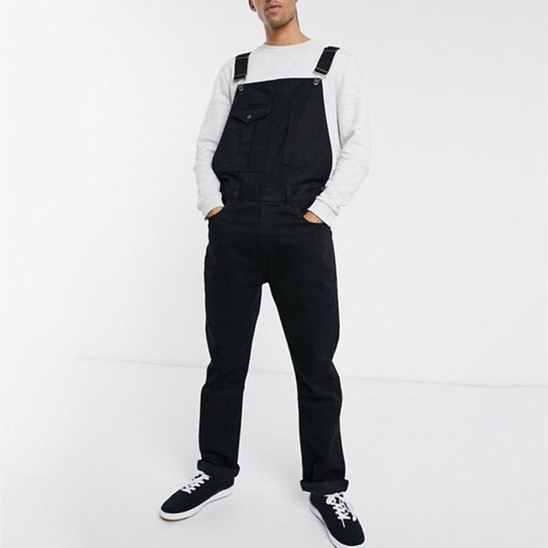 

men's pants casual jumpsuits solid tight denim overalls full length pencil pocket trousers pantalones hombre jeans homme, Black
