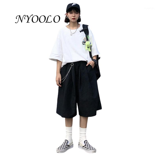 

hip hop streetwear classic chain elastic high waist wide leg trousers women men summer boyfriend baggy knee length pants women's & capr, Black;white