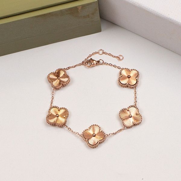 

new women's four-leaf clover chain guilloche van carved five-flower bracelet cleef titanium steel arpels plated 18k rose gold with box, Black