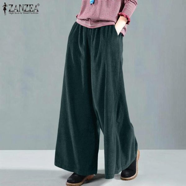 

women's pants & capris zanzea women corduroy wide-legged stylish elastic high waist pockets causal ankle length long female streetwear, Black;white