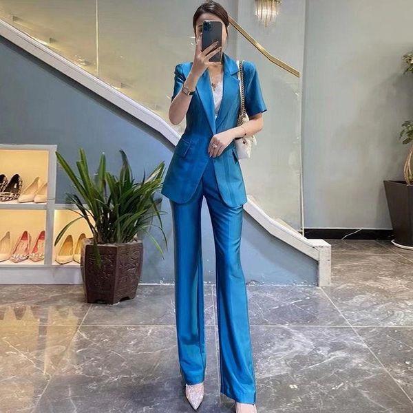 

women's two piece pants 2021 summer office lady short sleeve single button blazer coat blouse +long trousers women pieces suits, White