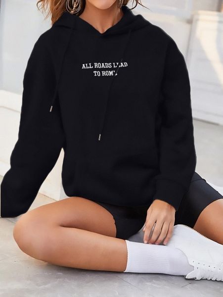 

slogan embroidery drop shoulder hoodie v6sl#, White;black