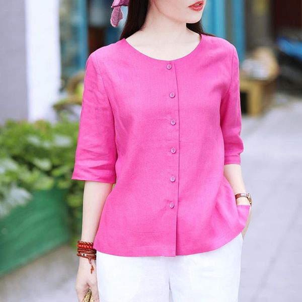 

plus size summer button up shirt women 100% cotton blouse o neck casual ladies clothes solid color white black 4xl