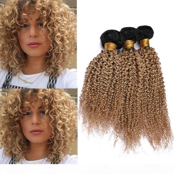 

#1b 27 honey blonde ombre kinky curly human hair bundles 3pcs black root light brown ombre brazilian virgin human hair weave wefts 10-30&quo