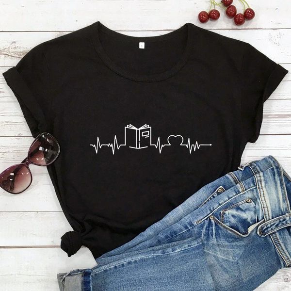 

women's t-shirt book heartbeat cute women short sleeve librarian reading graphic tee shirt top, White