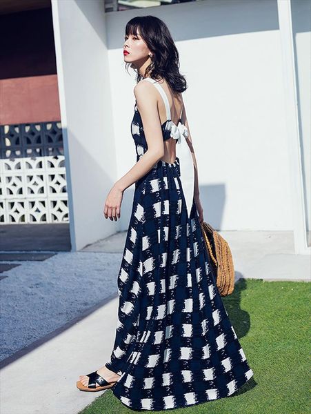 

summer travel holiday bohemia womens dresses bali beach show thin leak back sling belt long retro style plaid print, Black;gray