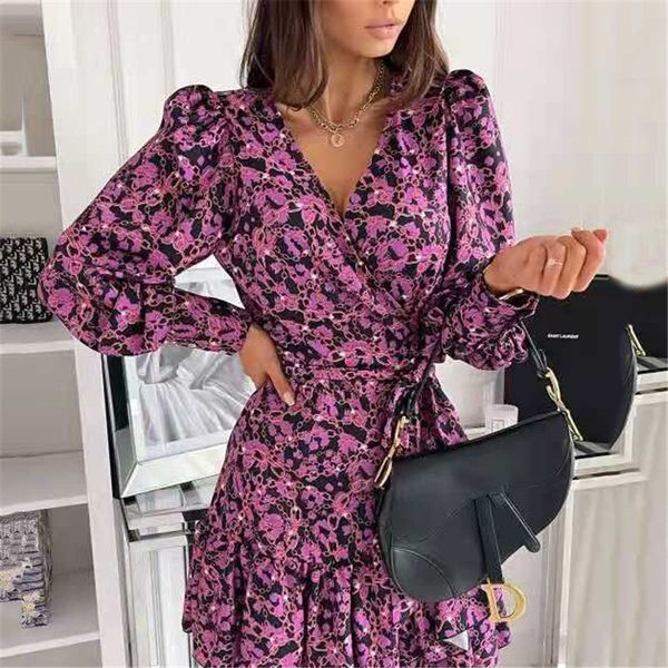 

new elegant v-neck print short fashion ruffled belt women es high waist bohemian 2021 spring female h9cj, Black;gray