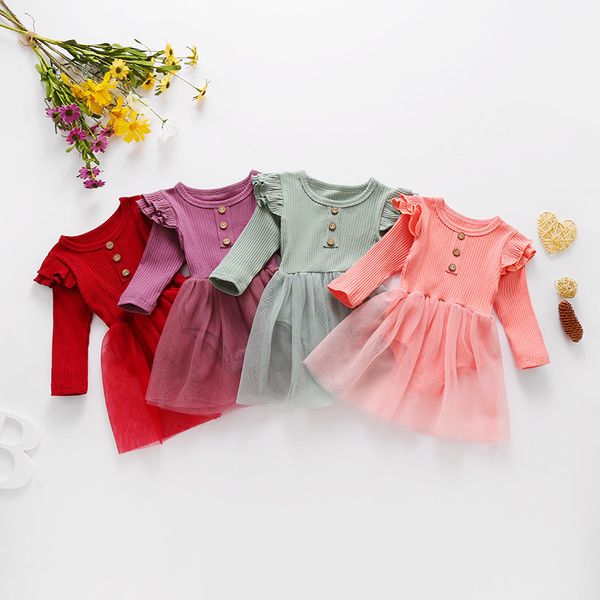 Bambino Primavera Autunno Abbigliamento Neonato Ragazze a maglia Ruffles Button Tute Abito di pizzo Abiti da festa casual 210315