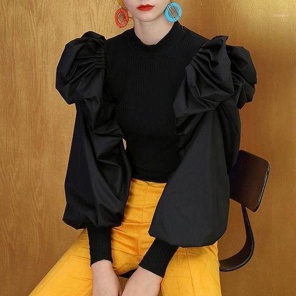 

2019 autumn women's new lantern sleeve stitching blouse vintage knit winter spring new s-l1, White;black