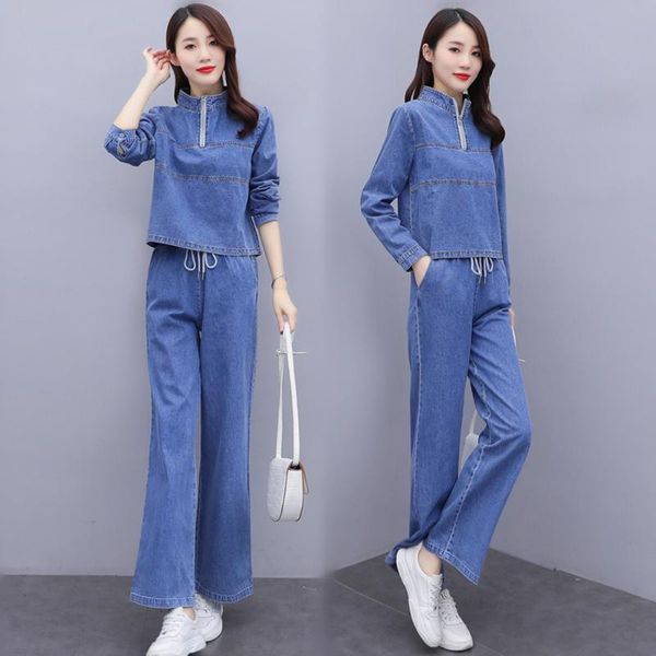 

women's tracksuits spring autumn women suits casual loose stand collar solid and elastic waist pants jeans suit for females cowboy, Gray