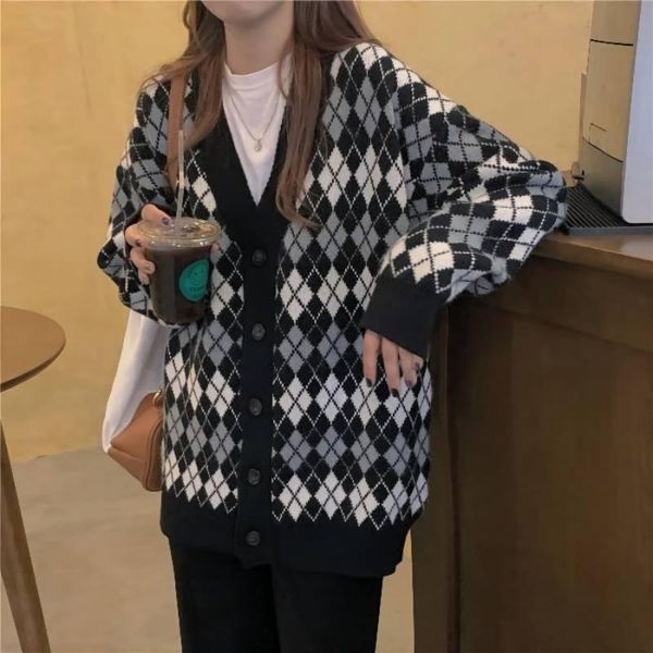 

women's knits & tees cgc 2021 vintage houndstooth knitted women cardigan v neck oversized sweater coat female thicken jacket long sleev, White