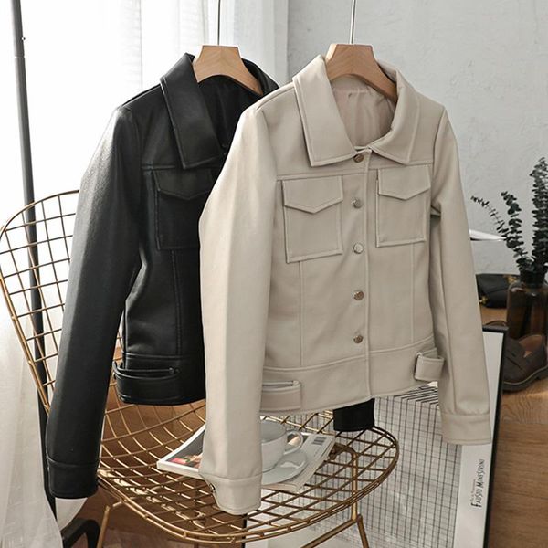 

women's leather & faux soft pu short jacket solid button biker jackets 2021 autumn female turn-down collar outerwear cc20211021, Black