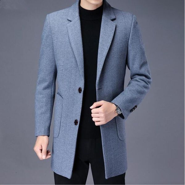 

men's wool & blends 2021 men winter stripe slim jackets casual brand solid color cashmere trench coat male overcoat, Black