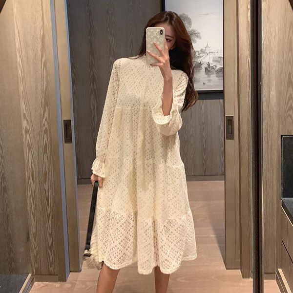 

casual dresses women's autumn and winter dress with gentle inner temperament lace medium length thickened bottomed long sleeve, Black;gray