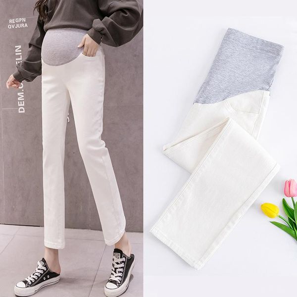 

maternity bottoms 8941# 2021 autumn korean fashion stretch denim jeans 9/10 elastic waist belly pencil pants for pregnant women casual, White