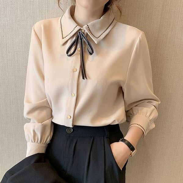 

women's blouses & shirts 2021 women spring autumn vintage lady casual long sleeve turn-down collar female solid color blusas q613, White