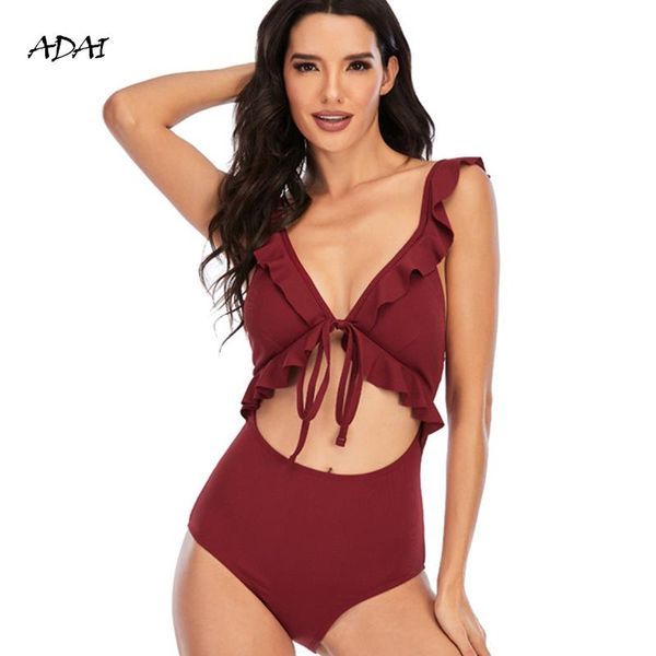 

one piece swimsuit push up swimwear women ruffle monokini hollow out waist string swimsuit bodysuit bathing suit swim wear
