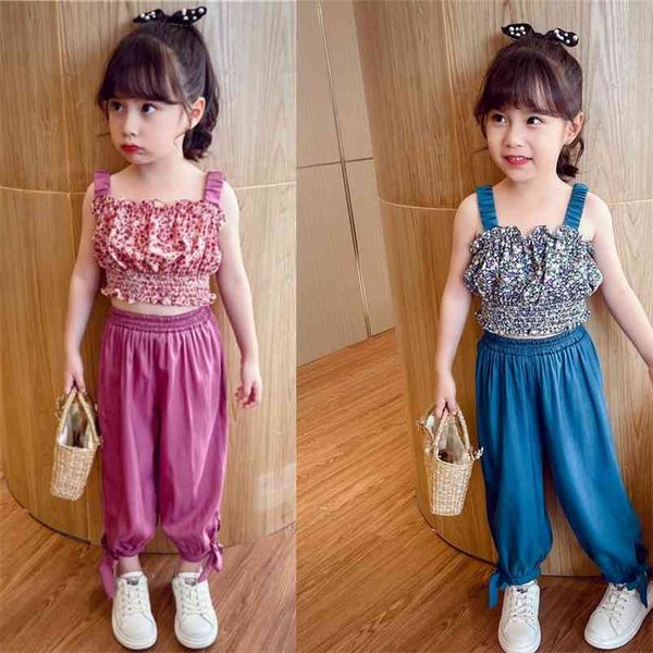 Sommer Mädchen Kleidung Sets Floral Camisole Top + Lose Atmungsaktive Hose 2 stücke Baby Kinder Kleidung Anzug Kinder 210625