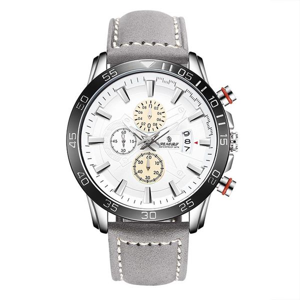 

wristwatches senors mens sports wrist watches leather band three quartz movement multi-function calendar display relogio, Slivery;brown