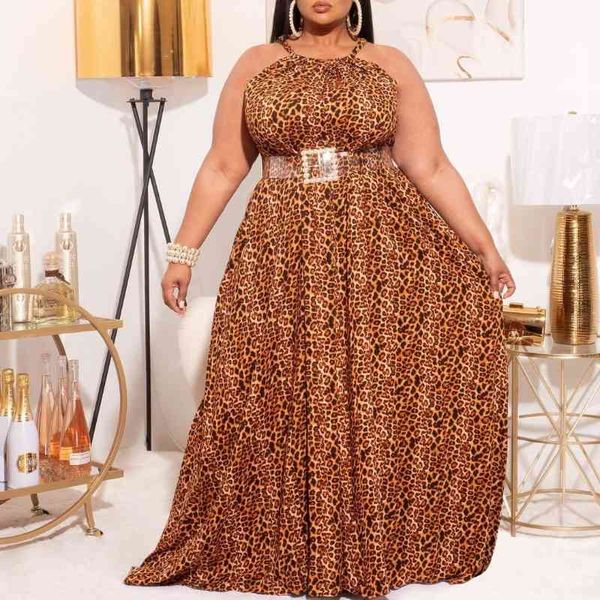 Plus Size Mulheres Vestidos Sem Mangas Leopard Impresso Maxi Oversized Backless Vestido de Noite Long 4xL 5xl Drop 210527