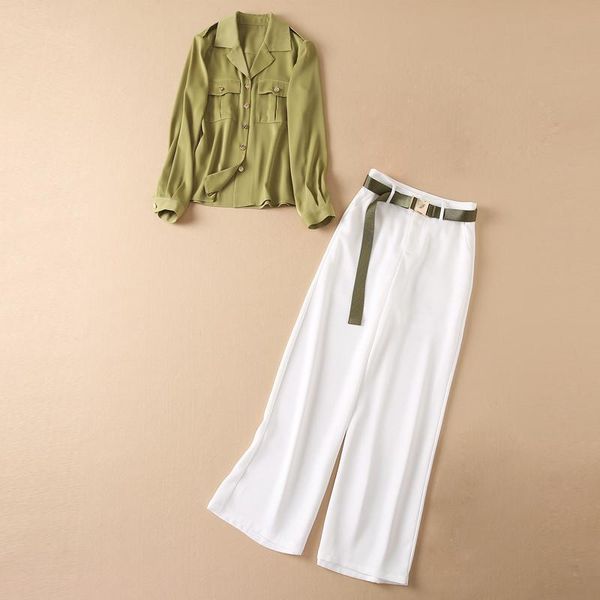 

women's two piece pants red roosarosee fashion spring autumn women turn-down collar long sleeve blouse + white straight female suit twi