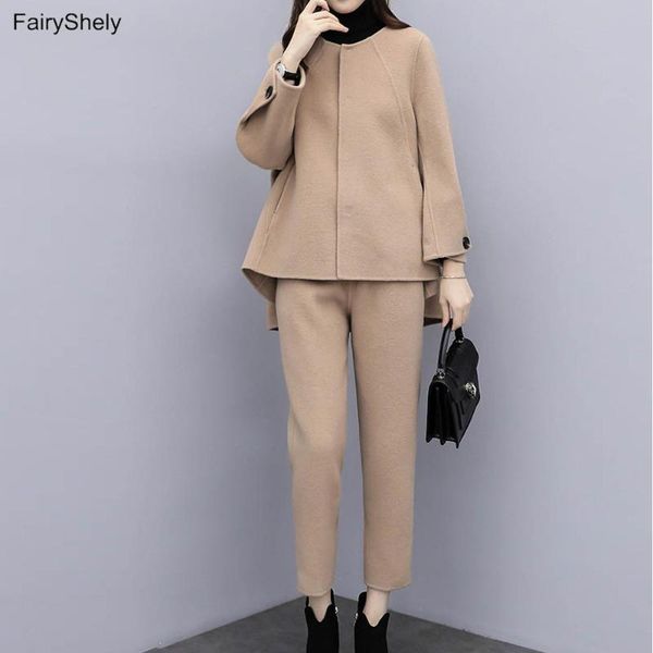 

women's two piece pants fairyshely vintage wollen coat and 2pcs set women 2021 autumn winter warm office lady korean casual outsuit, White