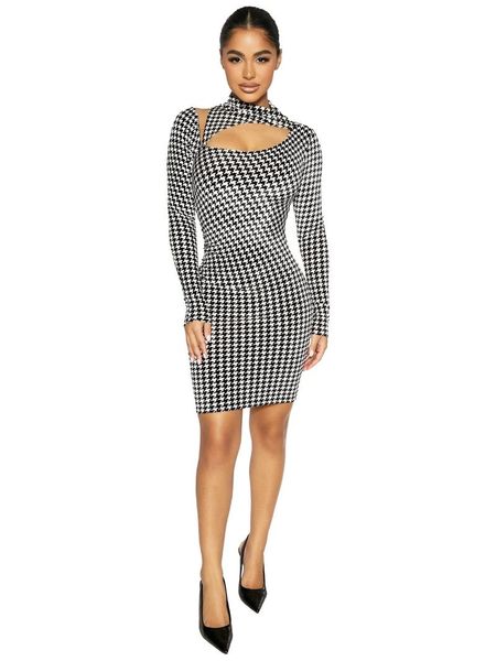 

casual dresses kgfigu fall clothing for women 2021 ladies long sleeve cut out stripe tight elegant mini dress, Black;gray