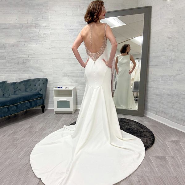 

new elegant ivory mermaid satin wedding 2021 boat neck sleeveless bridal gown backless beading vestidos noiva pntv, White