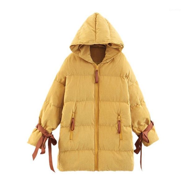 

bow ribbon hooded cotton jacket loose warm womens jacket1, Black