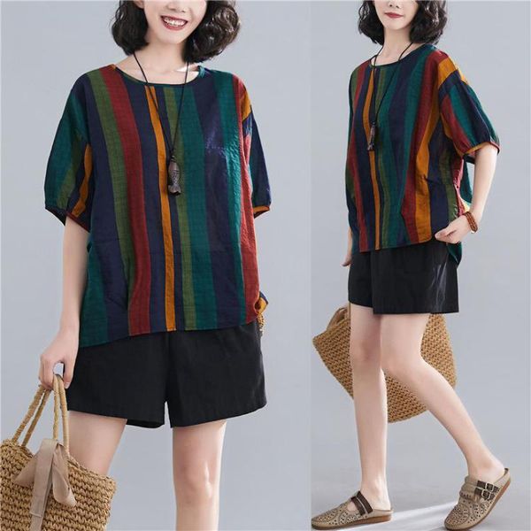 

women's t-shirt 2021 summer arrival retro simple striped oversize loose thin casual all-match women short-sleeved tide, White