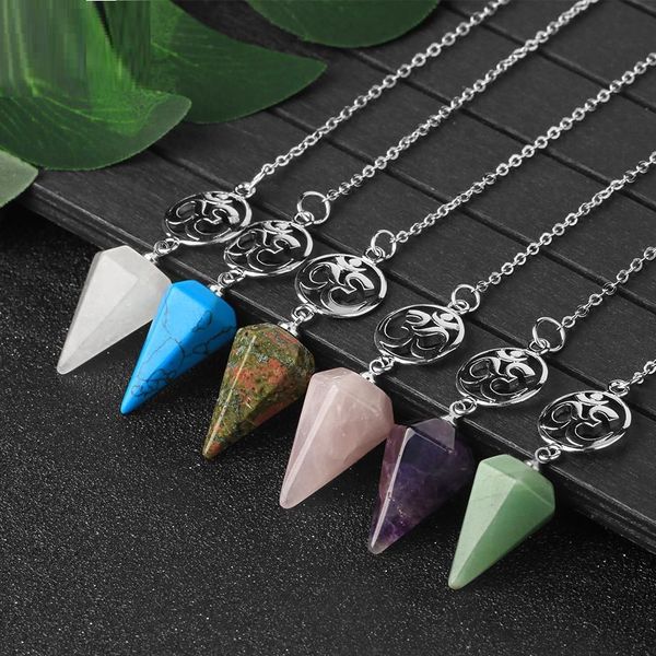 

seven chakra stone divination dowsing cone point yoga pendulum pendant amulet wicca pendulo meditation for men women, Silver