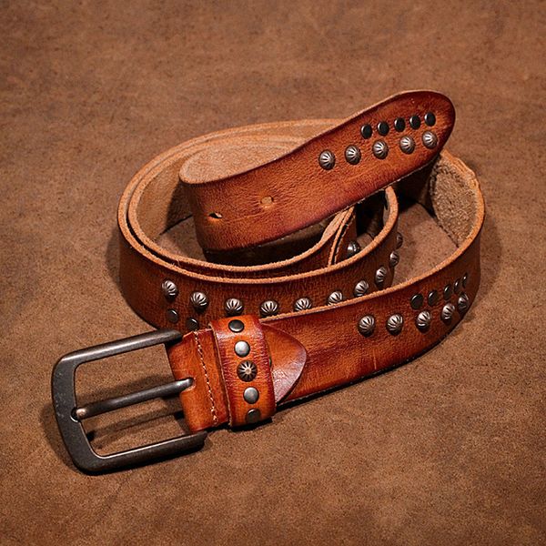 

2021 new mens pin buckle genuine skull rivet man joker designer exclusive cow leather belt for 3d1n, Black;brown