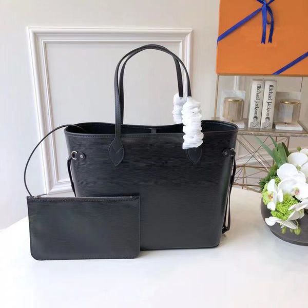 

m40932 black leather mm tote shoulder bag 2pcs/set with zipped pouch luxury designer women large capacity lattice shopping bags handbag fash