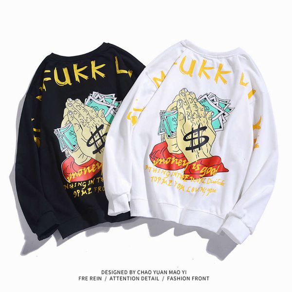 

guochao men's hip hop round neck long sleeve sweater, Black