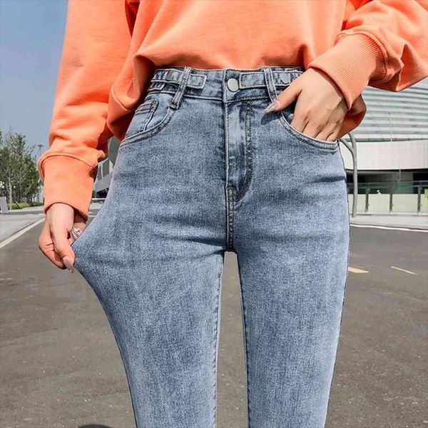 

plus size retro blue autumn womens jeans daily casual denim advanced stretch high waist pants female black slim trousers