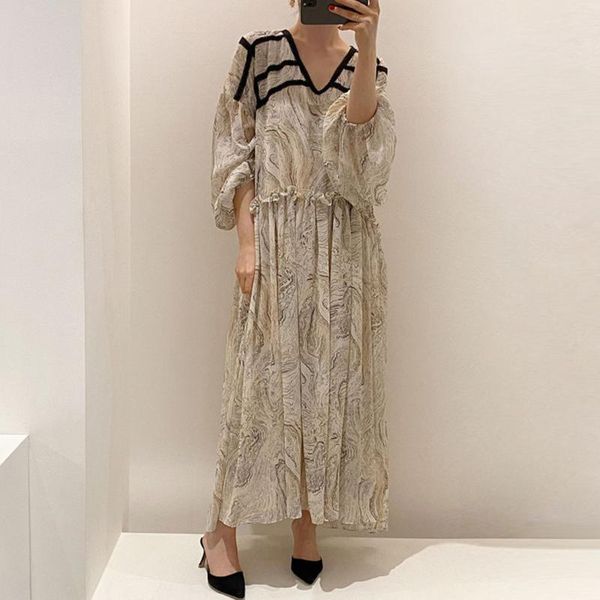

casual dresses autumn vintage women elegant loose maxi party dress long sleeve spring fashion print female korean vestidos with lining, Black;gray