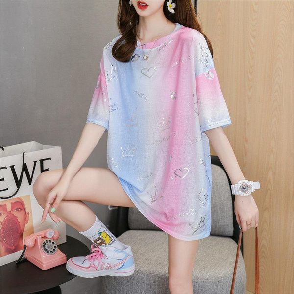 

women's t-shirt summer 2021 loose casual tie-dyed gradient colorful aesthetic streetwear fashion vintage basic, White