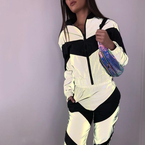 

bkld women new arrival fashion reflective clothing zipper full pants 2021 lady loose zipper jacket jogger pants wear, Gray