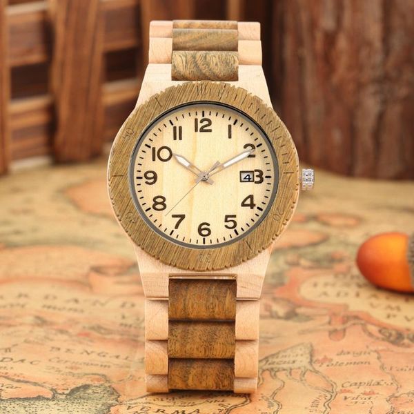

wristwatches maple wood watch men's green sandalwood auto calendar display full wooden band clock male retro wristwatch relojes hombre, Slivery;brown