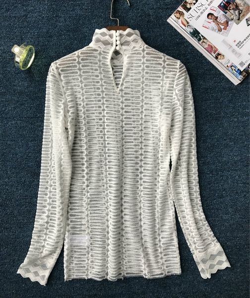 

2021 new feminino preto/branco camisa renda manga longa gola alta ondulado elegante ver atravs de fundo pypd, White