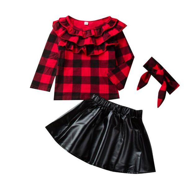 

clothing sets spring autumn children kids girls set long sleeve plaid t-shirt + skirt headband suits for fashion, White