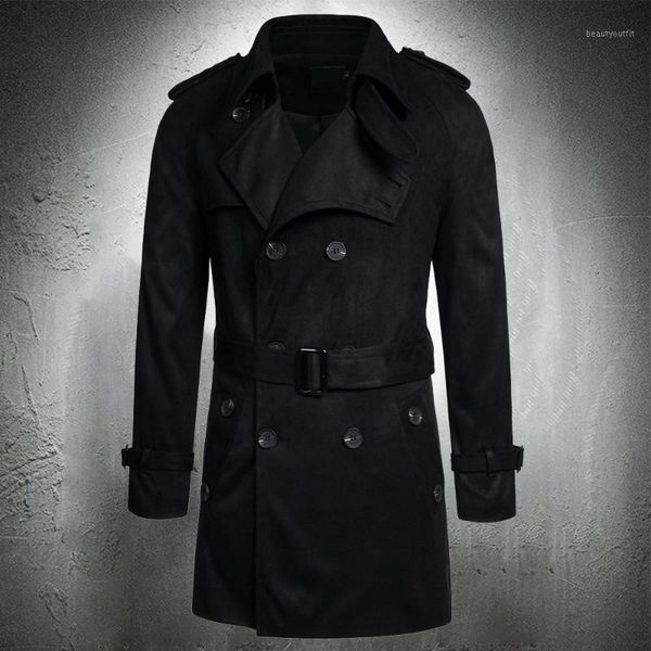 

men trench coat double breasted jacket turn-down collar long spring autumn suede fabric vintage business men's coats, Tan;black